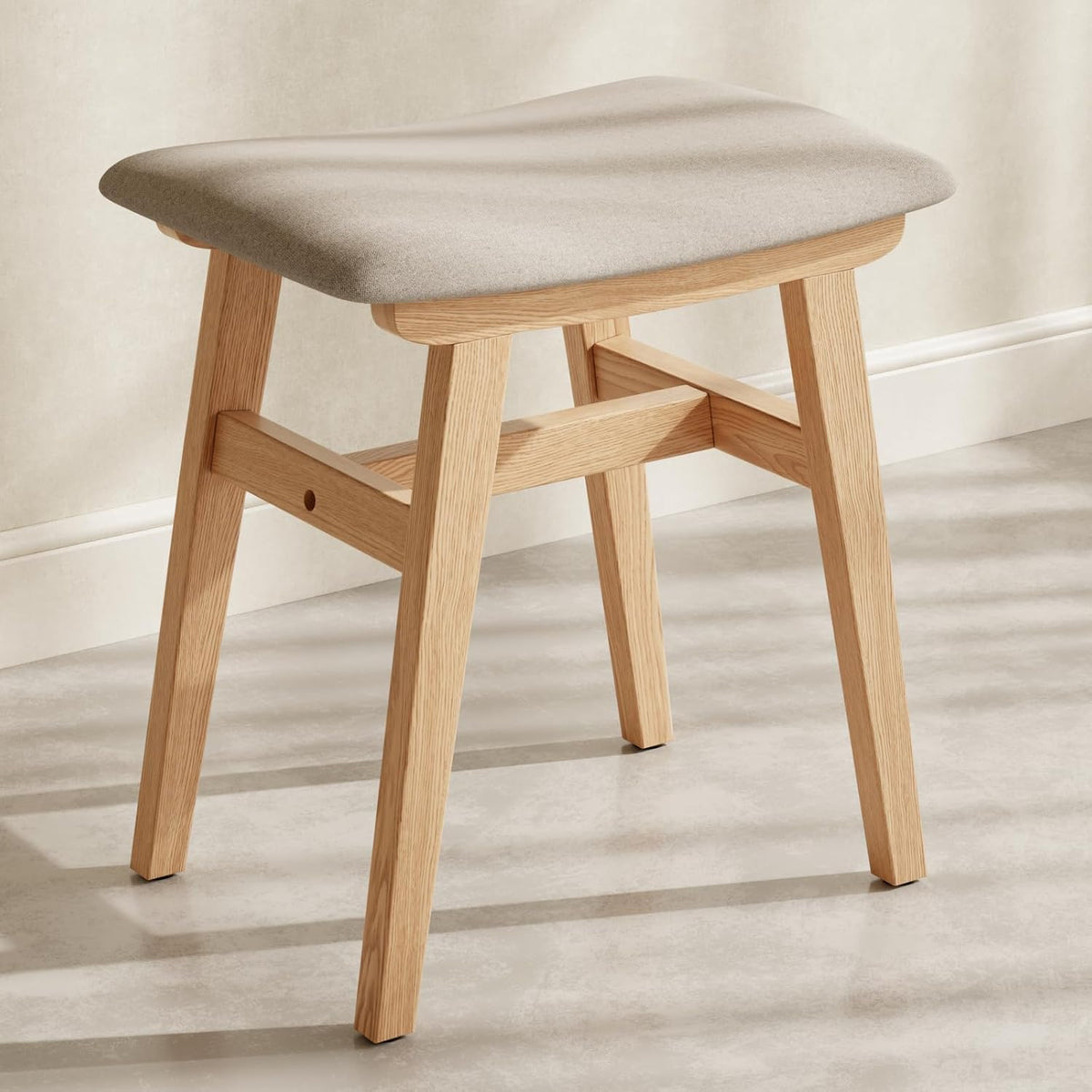 Muwuele Solid Wood Vanity Stool, Compact Makeup Chair with Saddle Cushion, Linen-Covered High Rebound Sponge Seat, Easy Assembly Footstool for Bedroom, Entryway, Home, Natural