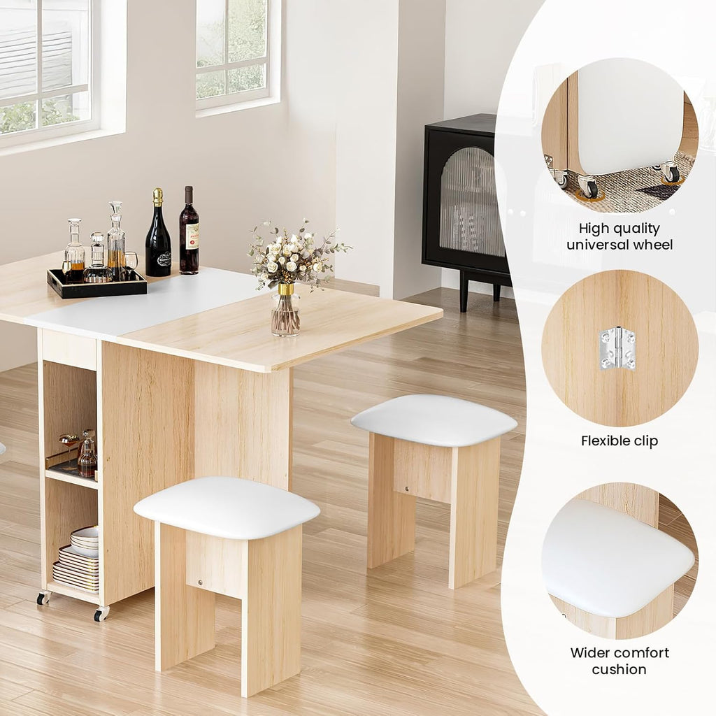 AWQM Folding Dining Table Set, Storage Folding Table & Chair, Beige White | Dining Table Set for 4, Storage Folding Table & with 4 Leather Chair, Space Saving,For Kitchen & Apartment, MDF & Metal Frame