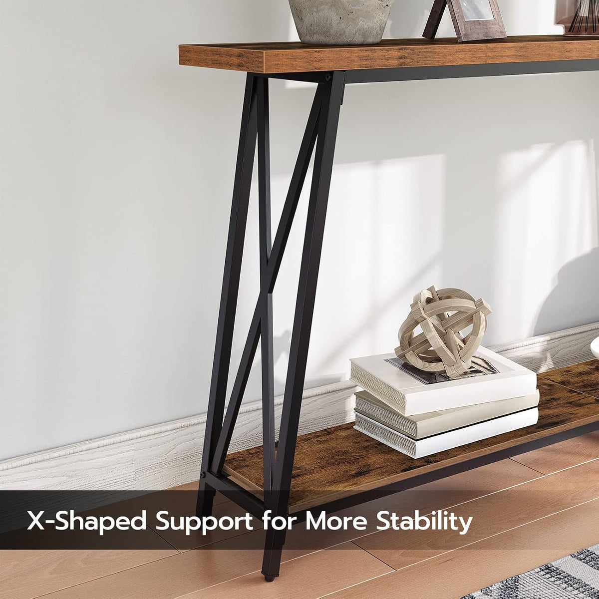 MAHANCRIS Console Table for Entryway, 63" Industrial Entryway Table, 2-Tier Extra Long Sofa Table Behind Couch, X-Shaped Support, for Entryway, Hallway, Living Room, Rustic Brown CTHR4801Z