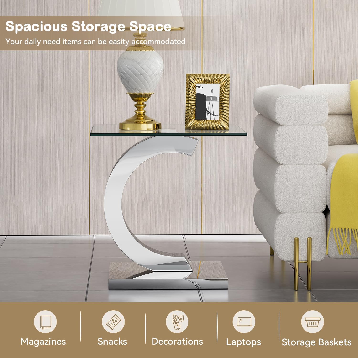 Luxury Silver Glass End Table,Sqaure Sofa Side Table with Shiny Mirrored C-Shape Stainless Steel Base,Clear Glass Accent End Table Bedside Table Nightstand for Living Room Bedroom Office