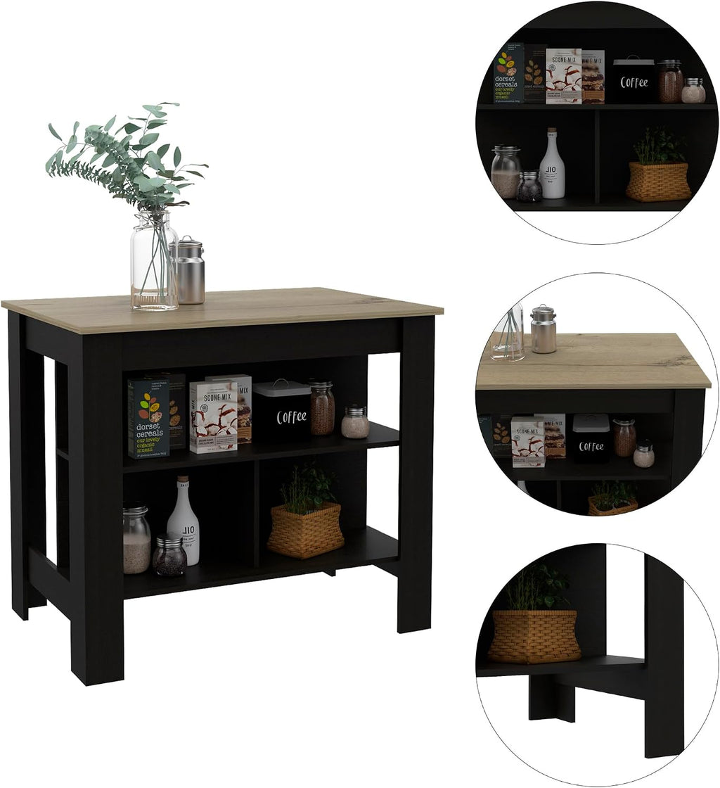 Kitchen Island with Four Legs and Three Shelves - Black/Light Oak | Three shelves and four legs for stable support and ample storage