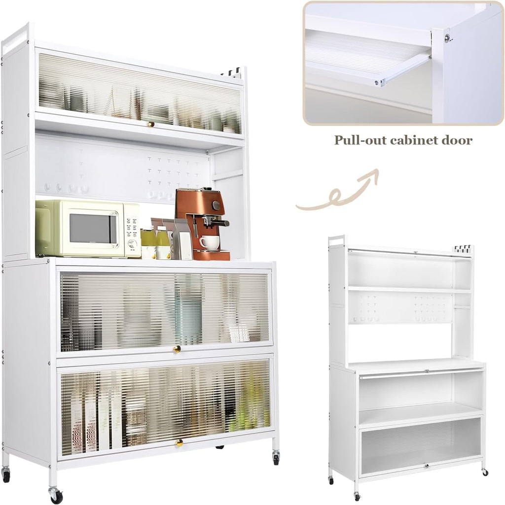 Kitchen Pantry Storage Cabinet with Shelf, Multi-Layer Metal Pantry Cabinet on Wheels, Modern Sideboard for Dining Room, Living Room