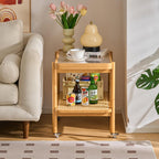Bamboo Rattan End Table with Wheels, 2 Tier Modern Coffee Table Couch Side Table Utility Rolling Cart Glass Tabletop Snack Table for Balcony Living Room Bedroom