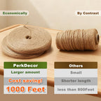 PerkDecor 1000FT Natural Jute Twine String Bulk Hemp Rope Cord for Crafts Gardening Gift Wrapping Wedding Décor Packing Material Burlap Ribbon Christmas Knitting Macrame Decoration (Brown 2mm* 1000ft)