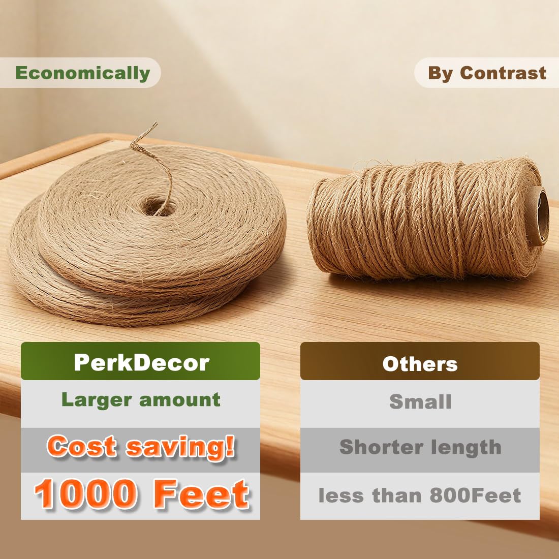 PerkDecor 1000FT Natural Jute Twine String Bulk Hemp Rope Cord for Crafts Gardening Gift Wrapping Wedding Décor Packing Material Burlap Ribbon Christmas Knitting Macrame Decoration (Brown 2mm* 1000ft)