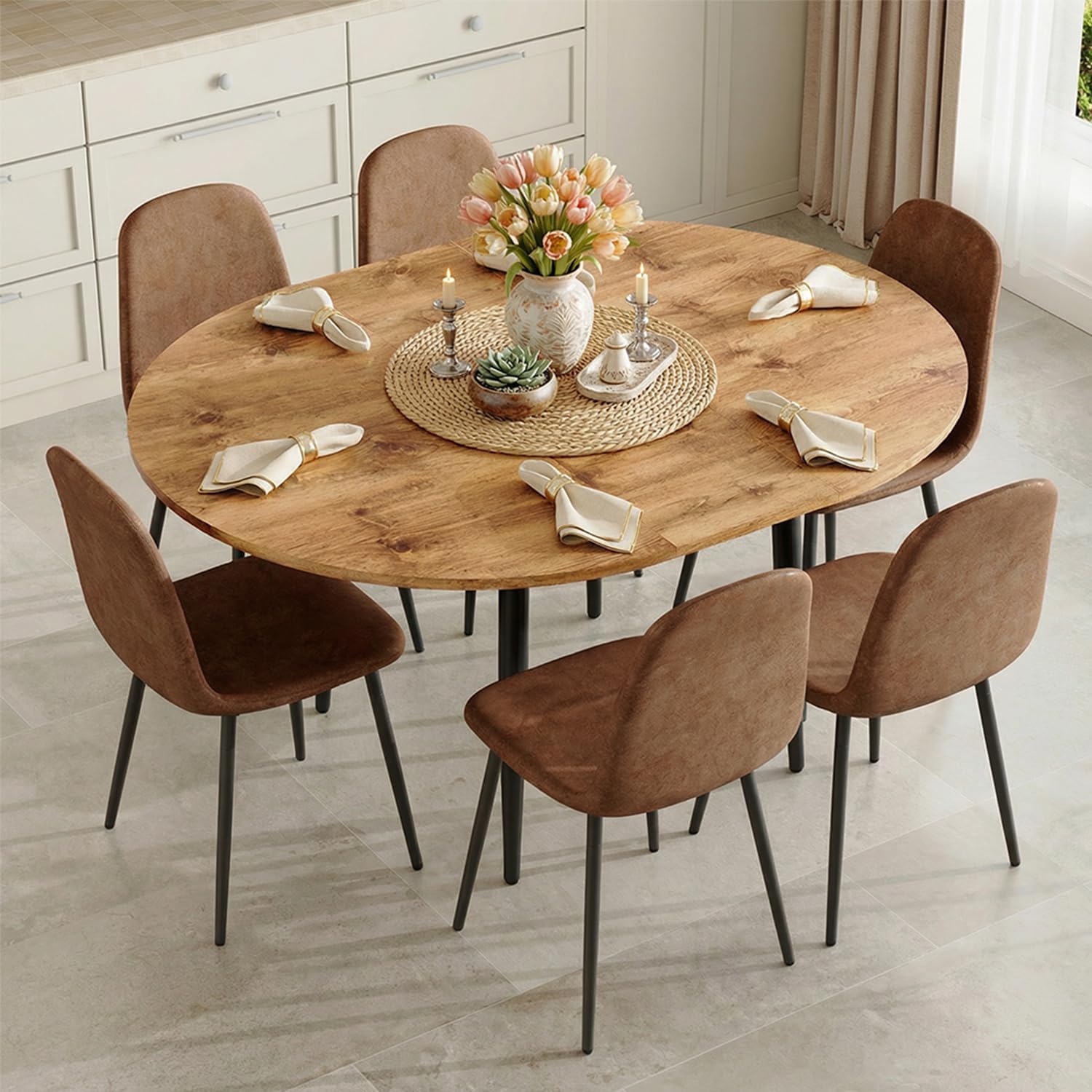 FURNITO Round Dining Table Set for 6, 42"-54" Round to Oval Extendable Table with 6 Suede Upholstered Chairs, Space-Saving Wood Dining Room Table Set for Small Apartments or Kitchens, Easy Assembly