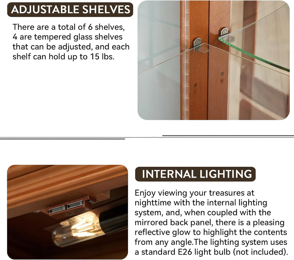 Lighted Curio Cabinet with Tempered Glass Doors, 6 Tiers Curio Diapaly Cabinet with Adjustable Shelves and Mirrored Back Panel, Floor Standing Glass Display Cabinet for Home No Bulb (Walnut)