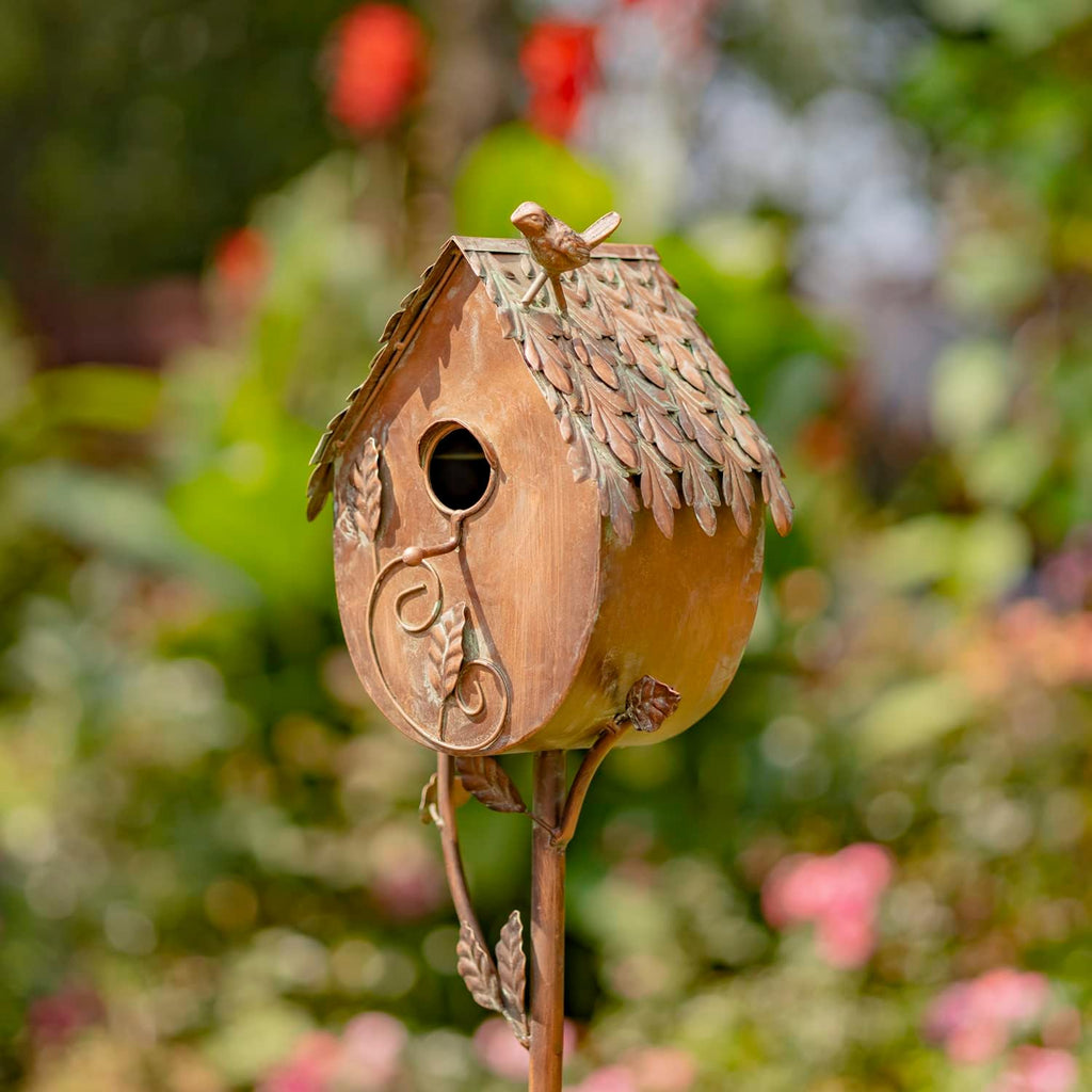 Copper Color Bird House Garden Stake with Ornate Style Roof (Round Bottom)