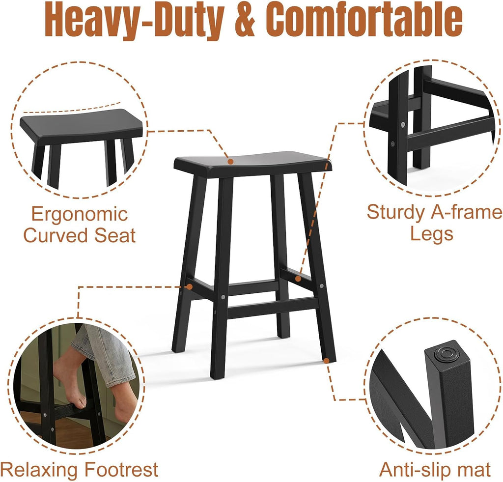 EFU Outdoor Bar Stools Set of 2,All-Weather Patio Stools & Bar Chairs, Heavy Duty Resin Saddle Stool with Protective Foot Pads,Waterproof 29 Inch Stool with Footrest for Deck,Balcony and Yard (Black)