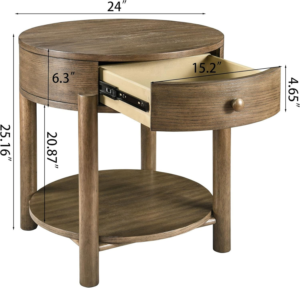 Solid Wood 24" Round End Table with Drawer, 2-Tier Small Sofa Side Table with Open Storage Oak Wood Accent Corner Table Modern Nightstand with Shelf for Living Room Bedroom Office, Brown, 24x25.16in