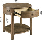 Solid Wood 24" Round End Table with Drawer, 2-Tier Small Sofa Side Table with Open Storage Oak Wood Accent Corner Table Modern Nightstand with Shelf for Living Room Bedroom Office, Brown, 24x25.16in