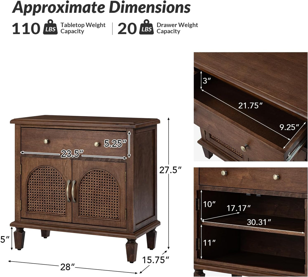 HULALA HOME End Table with Doors and Drawer, Traditional Side Table with Solid Wood Legs, Adjustable Shelf, Charging Station, Walnut