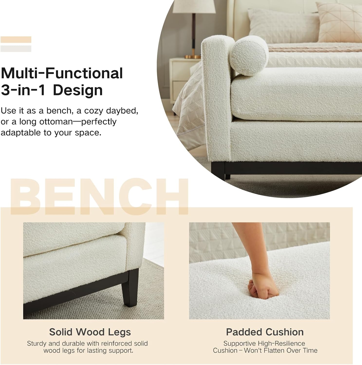 End of Bed Bench for Bedroom, 66.34'' Boucle Fabric Long King Size Bench with Black Legs for Entryway, Hallway, Cloakroom, Window Bench (White).