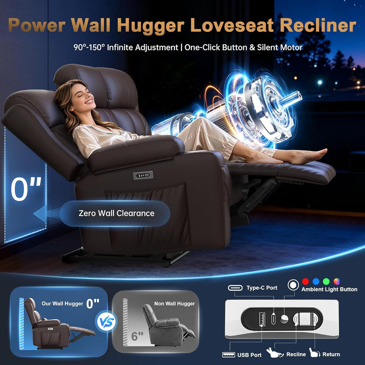 Power Loveseat Recliner Sofa with Massage & Heating, Zero Wall Hugger RV Reclining Couch with Bluetooth Speakers, LED Lights, Pillow, Drawer, USB Charging & Power Outlet for Home Theater & Gaming Room