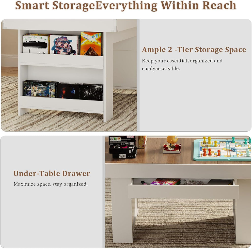 47″ Dining Table with Storage Shelf & Drawers,Multi-Functional Dining Game Table for 4–6-Removable Top, Space-Saving Convertible Design w/Hidden Storage, for Poker Card Games Family Meals