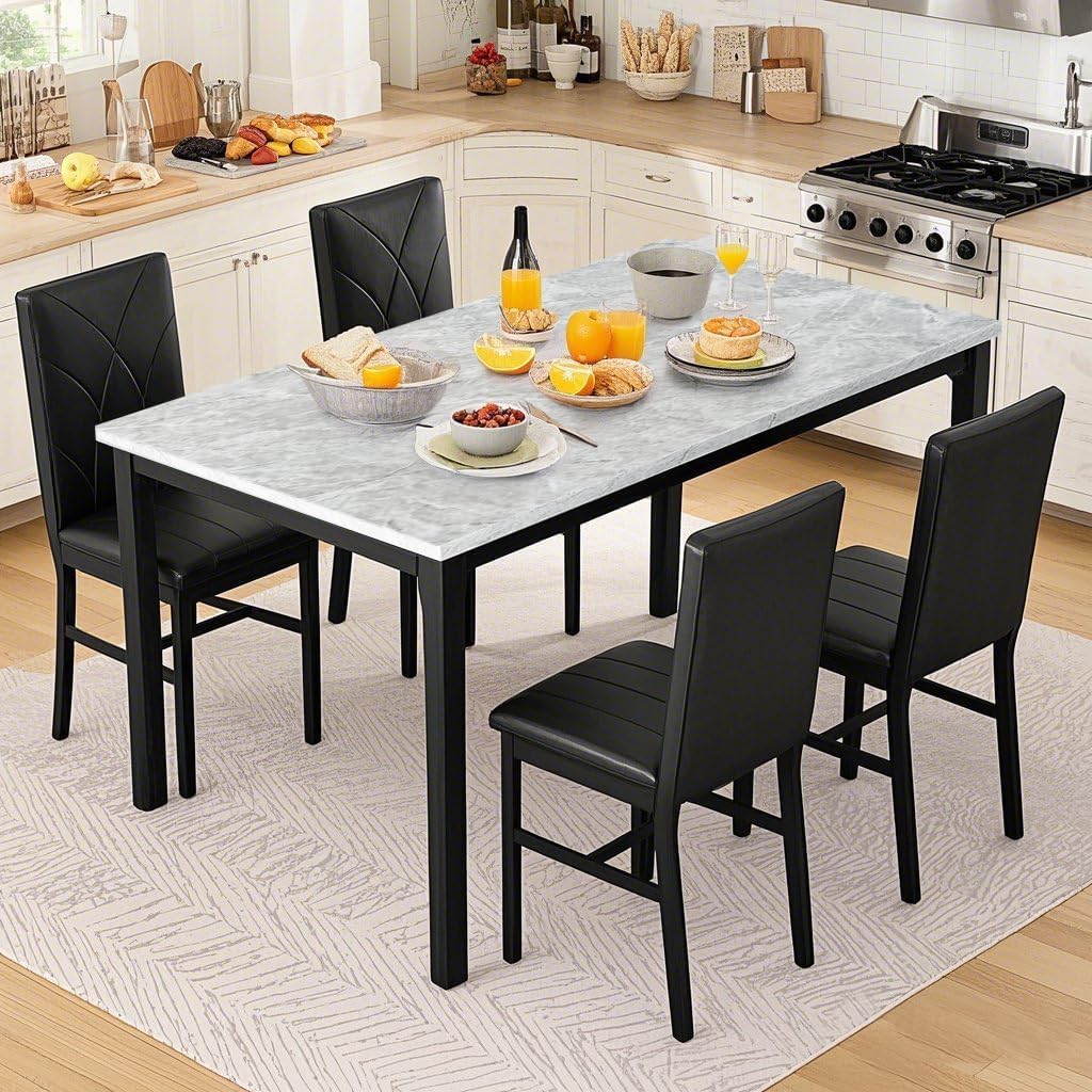 Hooseng Dining Table Set for 4 Faux Marble Kitchen Table and Chairs Set of 4,5 Piece with PU Leather Upholstered Dinner Chairs for Compact Dining Room,Small Space,Black