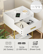 Aienvey Nightstand with Charging Station,Bedside Table with Drawer and 2 Shelf Storage, Small Side Table, Modern White Night Stand, Tall End Table for Bedroom, Living Room