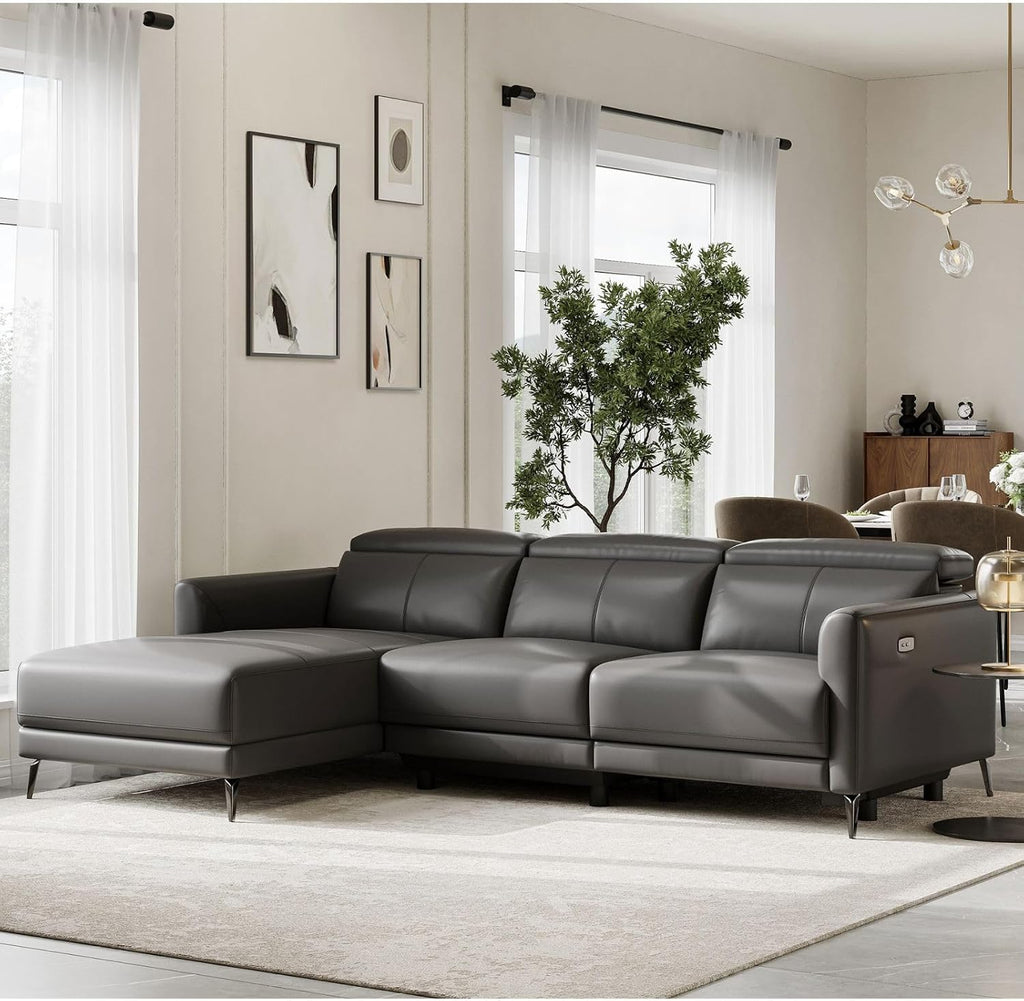 Valencia Andria 99.5" Reclining Leather Sectional Sofa, Reclining Couch with Left Hand Chaise | Italian Nappa 11000 Top Grain Leather | Power Reclining Seat with Adjustable Headrests - Cloudy Grey
