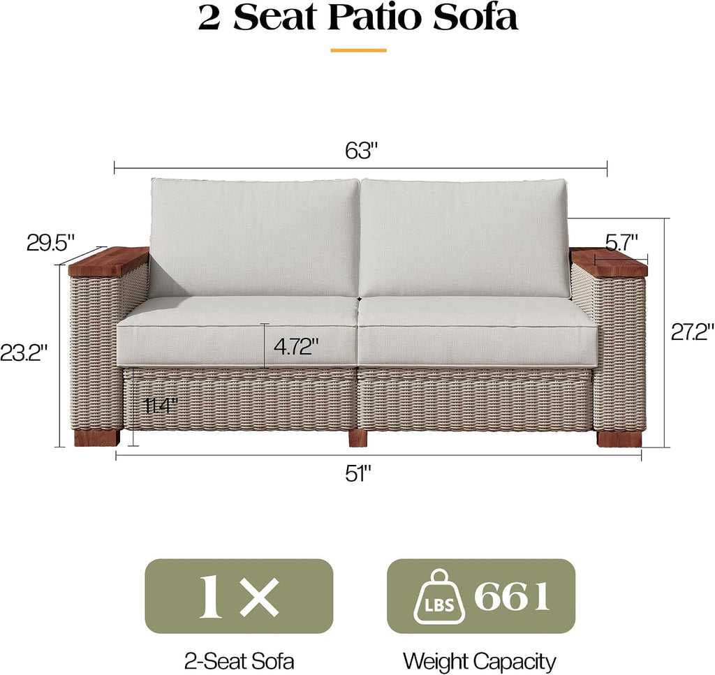 PaPaJet Outdoor Loveseat Patio Sofa, Wicker Couch with Solid Armrests & Legs, 4.7" Thick Cushion, UV-Resistant Modular Sofa for Porch, Backyard, Garden