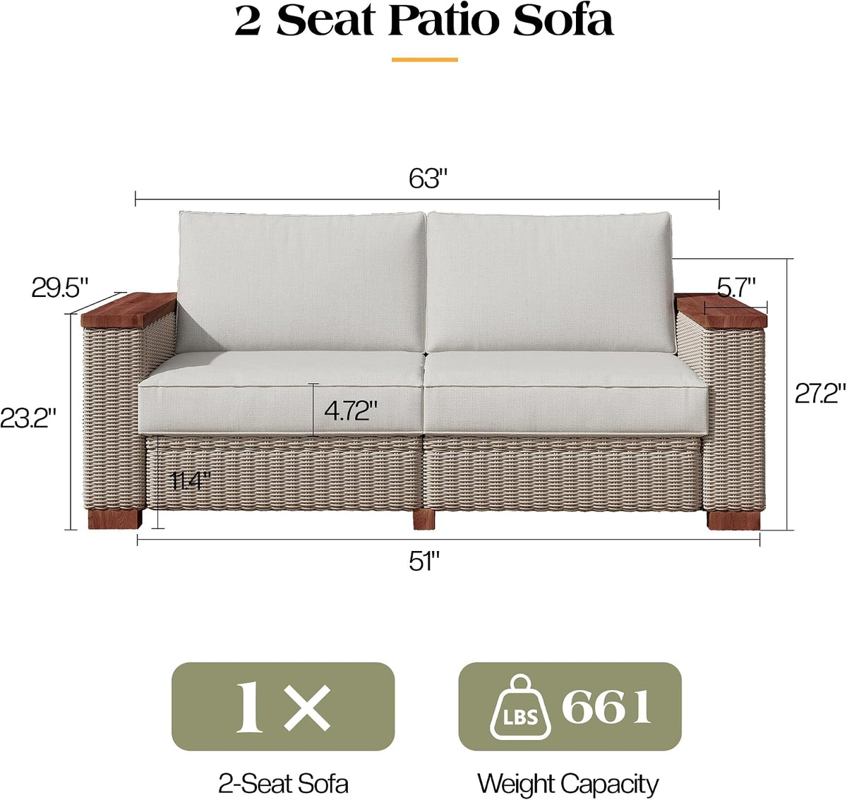 PaPaJet Outdoor Loveseat Patio Sofa, Wicker Couch with Solid Armrests & Legs, 4.7" Thick Cushion, UV-Resistant Modular Sofa for Porch, Backyard, Garden