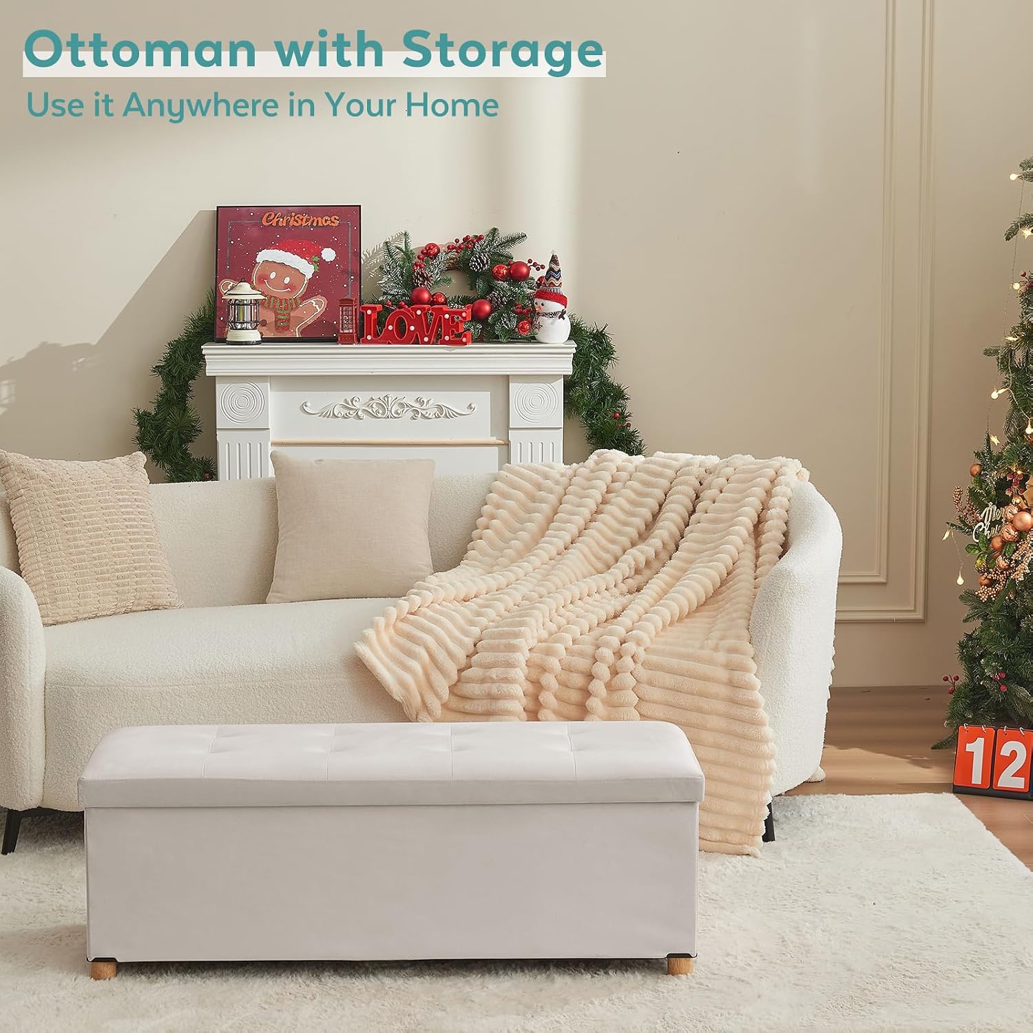 BRIAN & DANY 43 Inches Folding Storage Ottoman Bench, Ottoman with Storage Bench for Bedroom, Living Room, Entryway, with Legs, White