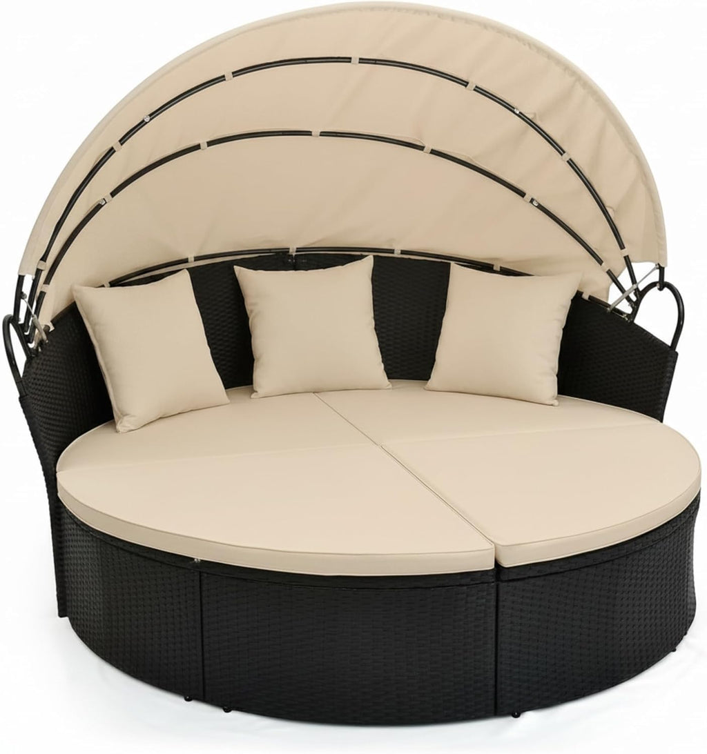 Tangkula Outdoor Patio Round Daybed with Retractable Canopy, Black Rattan Wicker Furniture Sectional Seating with Cushions and Throw Pillows, Seating Separates Cushioned Seats for Backyard (Brown)