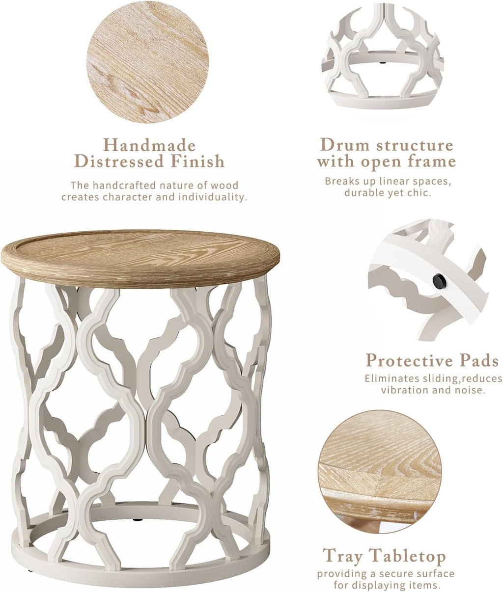karlott Farmhouse End Table, 18.5'' French Country Round Side Table, Distressed Tray Top Side Table with Curved Motif Frame Base for Boho, End Tables Living Room, Bedroom, Small Space, Cream Beige