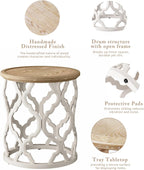 karlott Farmhouse End Table, 18.5'' French Country Round Side Table, Distressed Tray Top Side Table with Curved Motif Frame Base for Boho, End Tables Living Room, Bedroom, Small Space, Cream Beige