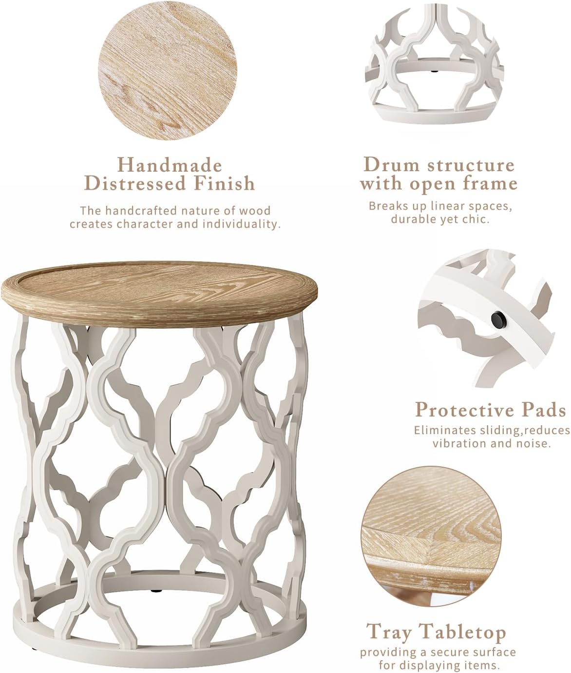 karlott Farmhouse End Table, 18.5'' French Country Round Side Table, Distressed Tray Top Side Table with Curved Motif Frame Base for Boho, End Tables Living Room, Bedroom, Small Space, Cream Beige