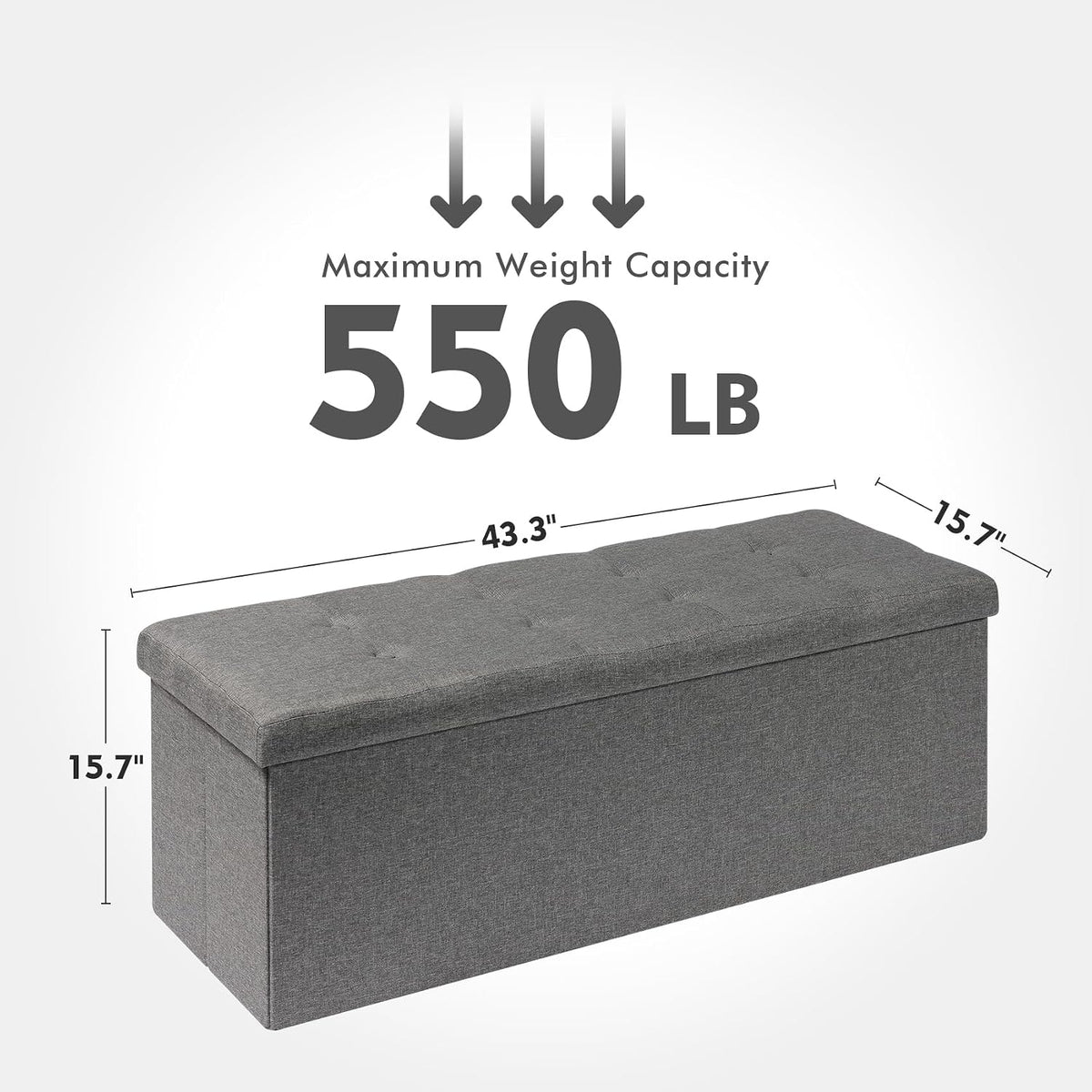 PINPLUS Folding Storage Ottoman Bench, Grey Linen | Linen Storage Chest with Padded Seat, Blanket Organizer, Footrest Stool and End of Bed Bench for Bedroom or Living Room