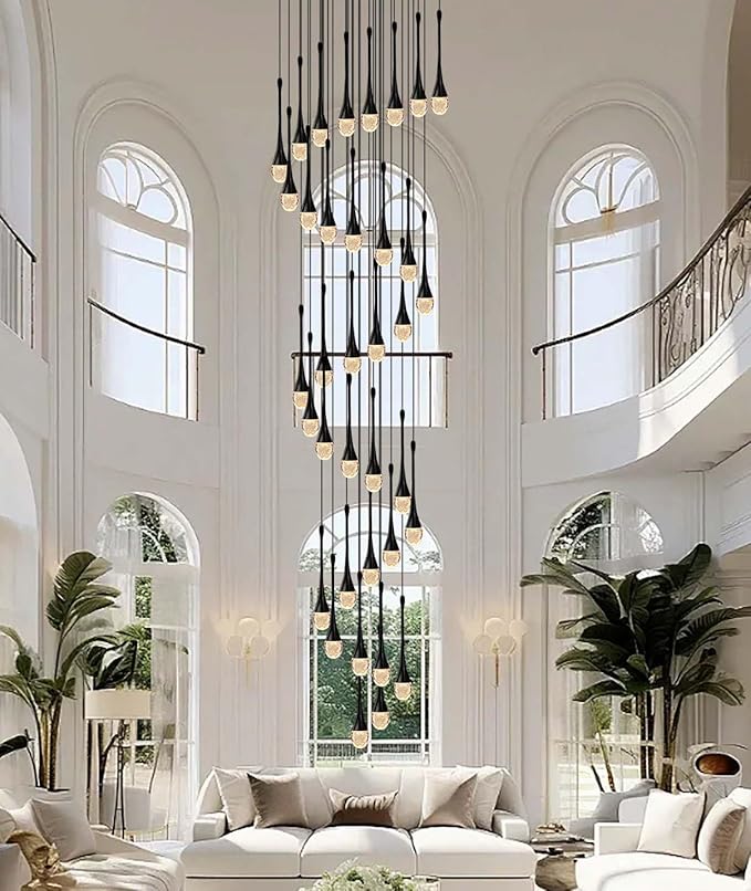 H150'' High Ceiling Chandeliers for Entryway 36-Lights Black Spiral Crystal Chandelier Modern Raindrop Chandeliers for Villa Staircase,Hanging Light Fixtures for High Ceiling