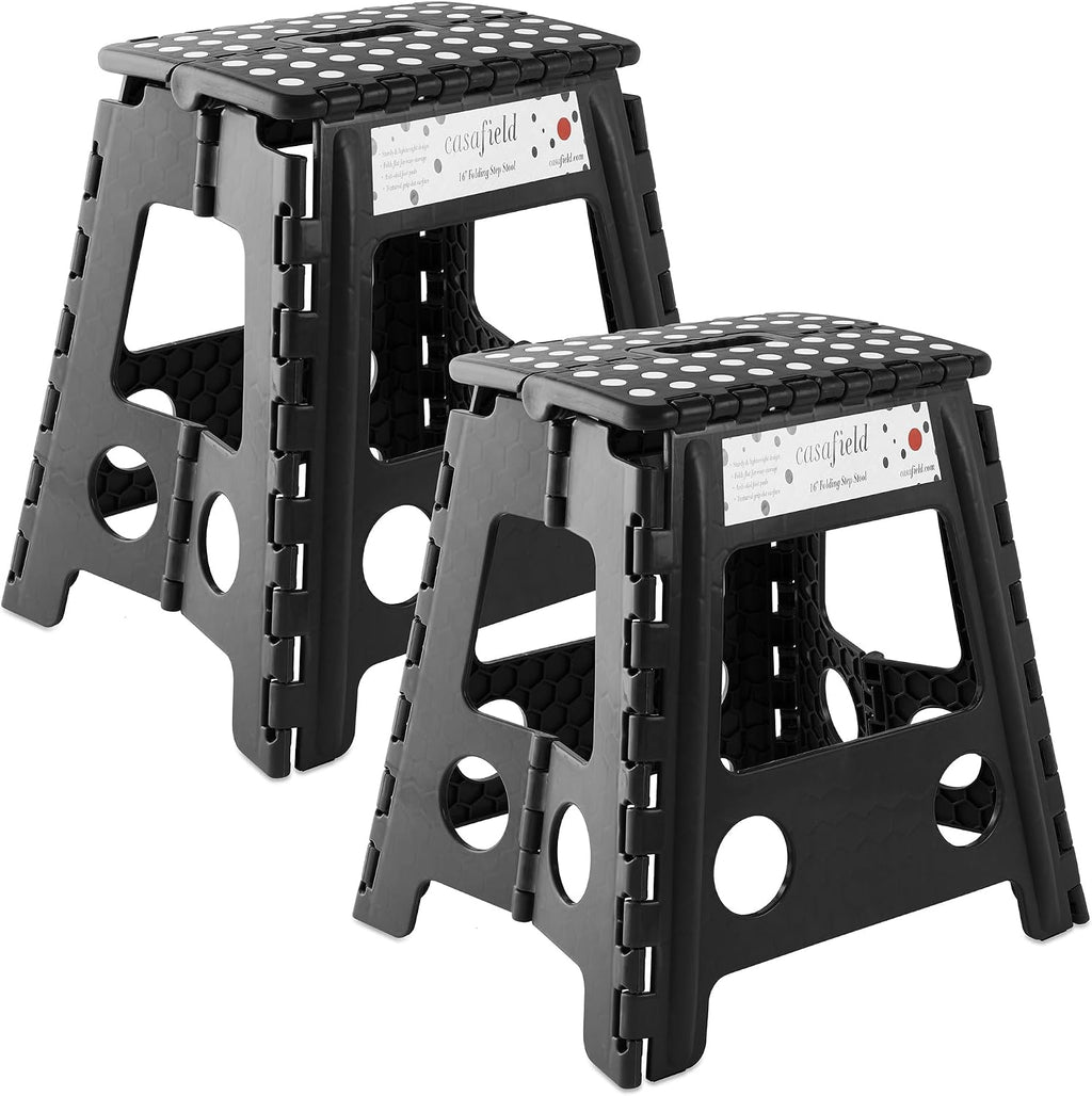 Casafield 16" Folding Step Stool with Handle (Set of 2), Black - Portable Collapsible Small Plastic Foot Stool for Adults - Use in the Kitchen, Bathroom and Bedroom