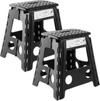 Casafield 16" Folding Step Stool with Handle (Set of 2), Black - Portable Collapsible Small Plastic Foot Stool for Adults - Use in the Kitchen, Bathroom and Bedroom