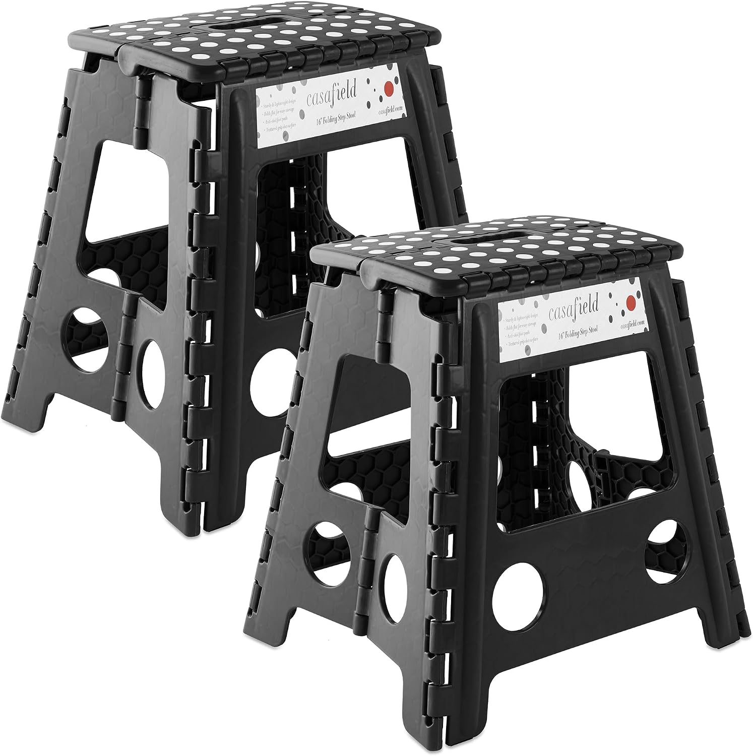 Casafield 16" Folding Step Stool with Handle (Set of 2), Black - Portable Collapsible Small Plastic Foot Stool for Adults - Use in the Kitchen, Bathroom and Bedroom