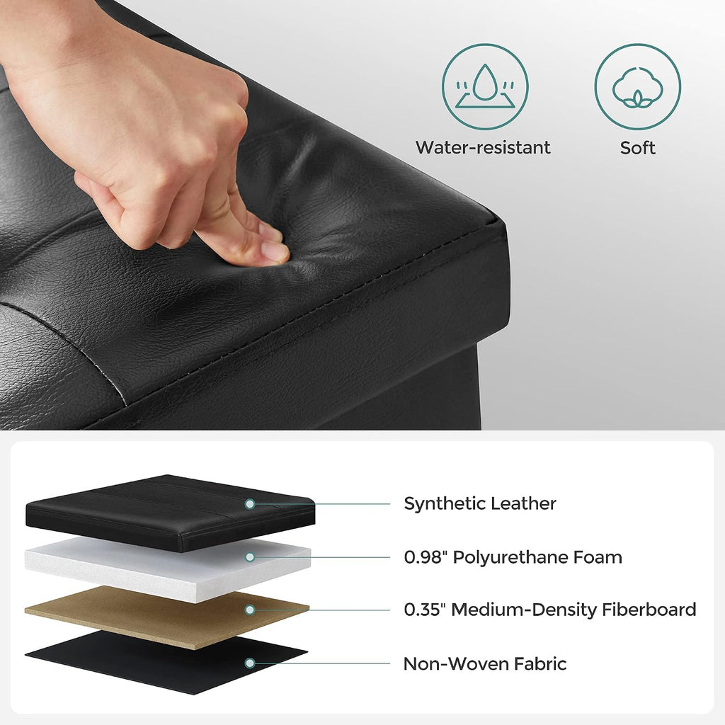 SONGMICS 43.3 Inches Folding Storage Ottoman Bench with Flipping Lid | Storage Chest Footrest Padded Seat, Iron Frame Support, Ink Black, MINOTA Collection ULSF75BK