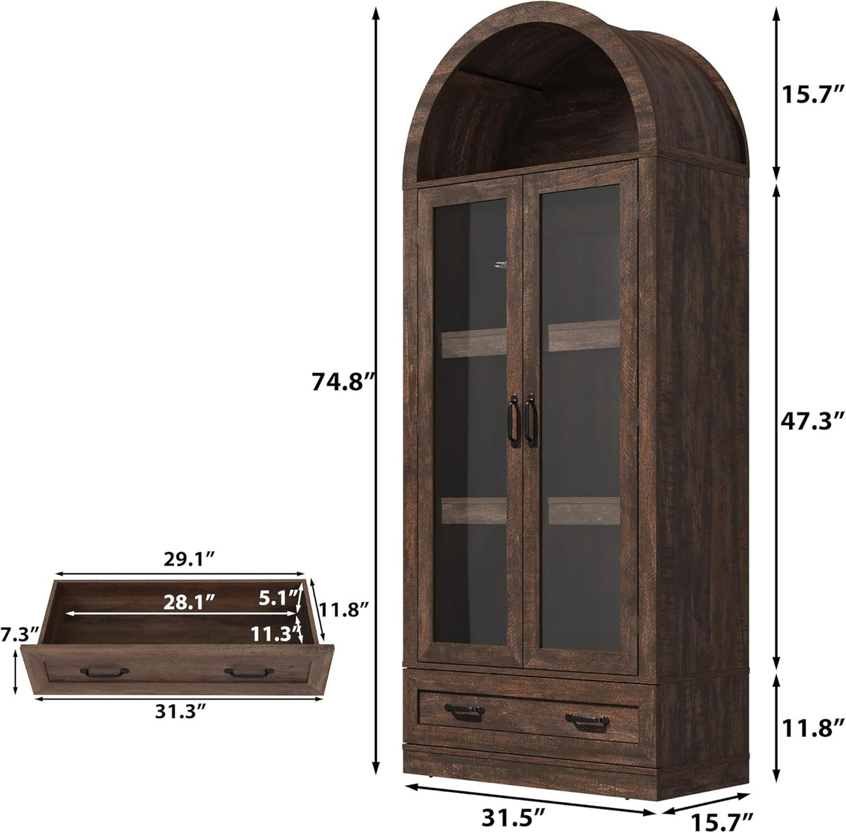 75" Tall Arched Kitchen Pantry Cabinet w Load-Bearing Steel Pipe,Modern Farmhouse Kitchens Storage Cabinet with Drawer and Glass Doors,Tall Arched Bookcase,Pantry Organizer(Rustic Brown)