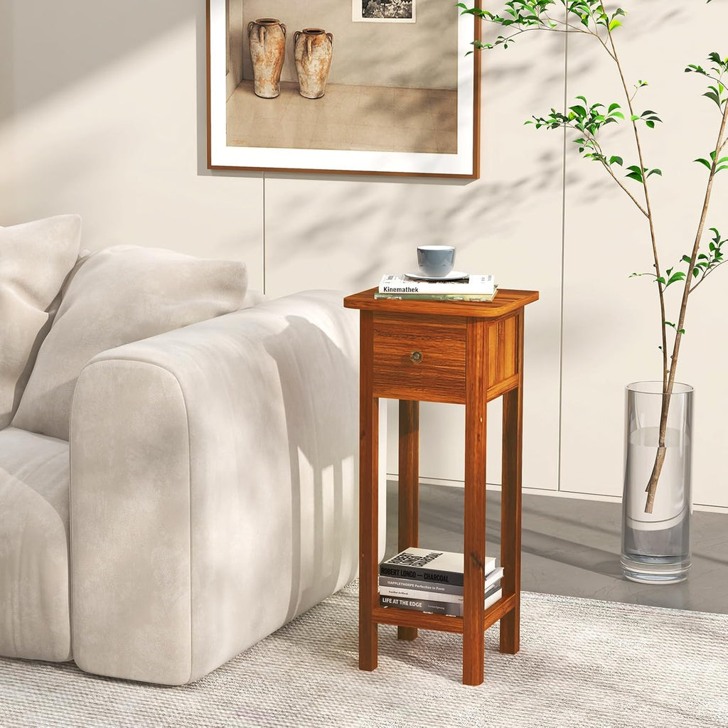Giantex Narrow End Table with Drawer Set of 2, Tall Acacia Wood Side Table with Bottom Shelf, Modern Bedside Tables, 2-Tier Nightstand for Small Spaces Bedroom Living Room, No Assemble Required, Brown
