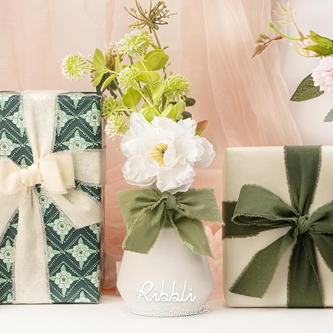 Ribbli 3 Rolls Green Ribbon 1.5 Inch x 18Yards Ivory Sage Moss Handmade Cotton Frayed Fringe Ribbons for Gift Wrapping Wedding Invites Bridal Bouquets Baby Shower DIY Crafts Home Decor