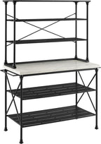 Crosley Furniture Madeleine Kitchen Island and Hutch with Shelves for Storage, Microwave Stand, Coffee Bar, Steel with Faux Marble Top