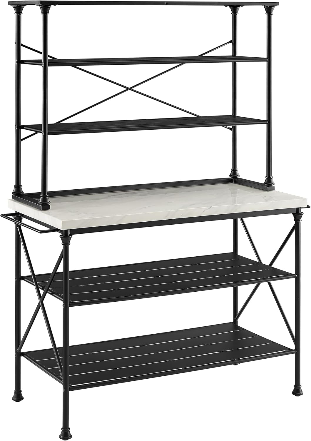 Crosley Furniture Madeleine Kitchen Island and Hutch with Shelves for Storage, Microwave Stand, Coffee Bar, Steel with Faux Marble Top