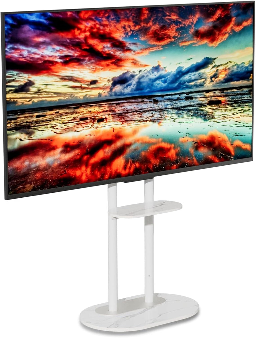 unho White Floor TV Stand with Shelf for 45-75 inch Flat LCD LED Screen TVs | Sintered Stone TV Stands Height Adjustable Heavy Base Standing TV Mount VESA 600x400 for Restroom Meeting Bedroom