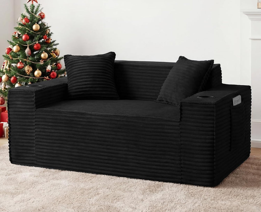 61” Loveseat Sofa, Comfy Corduroy Couch with Cup Holders & Storage Pockets, Deep Seat 2-Seater Cloud Couches for Small Space Living Room No Assembly Required, Black