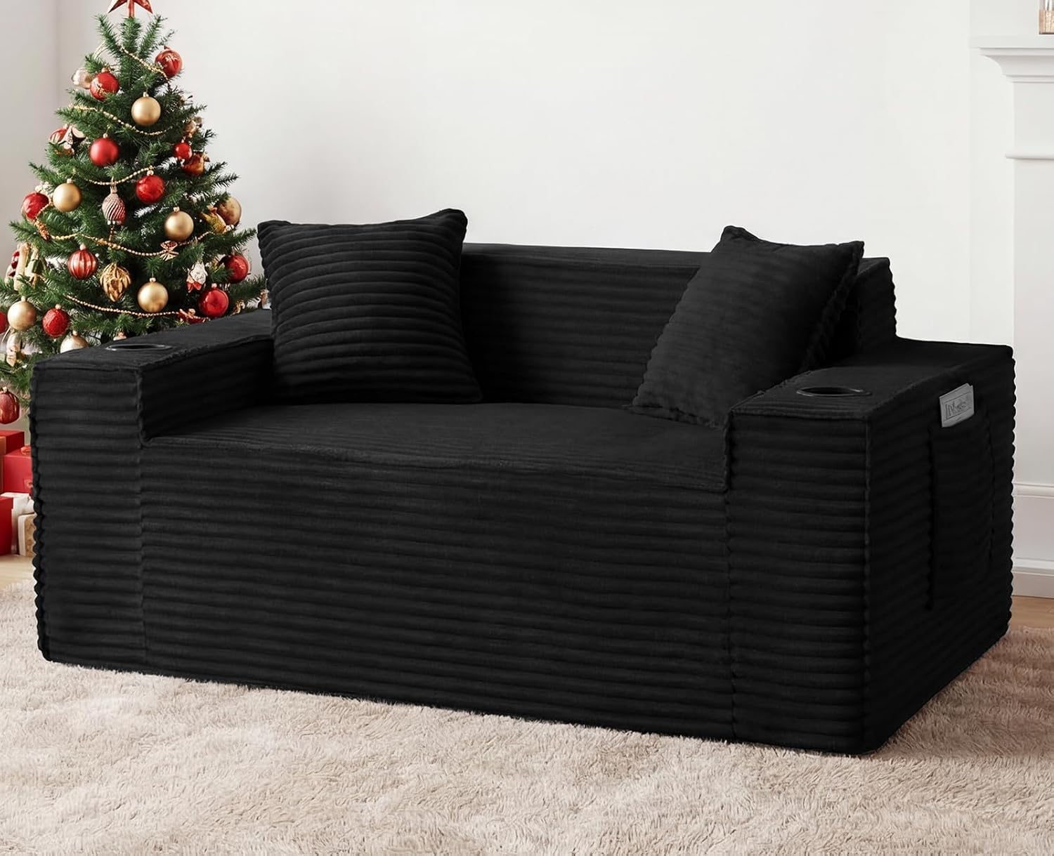 61” Loveseat Sofa, Comfy Corduroy Couch with Cup Holders & Storage Pockets, Deep Seat 2-Seater Cloud Couches for Small Space Living Room No Assembly Required, Black