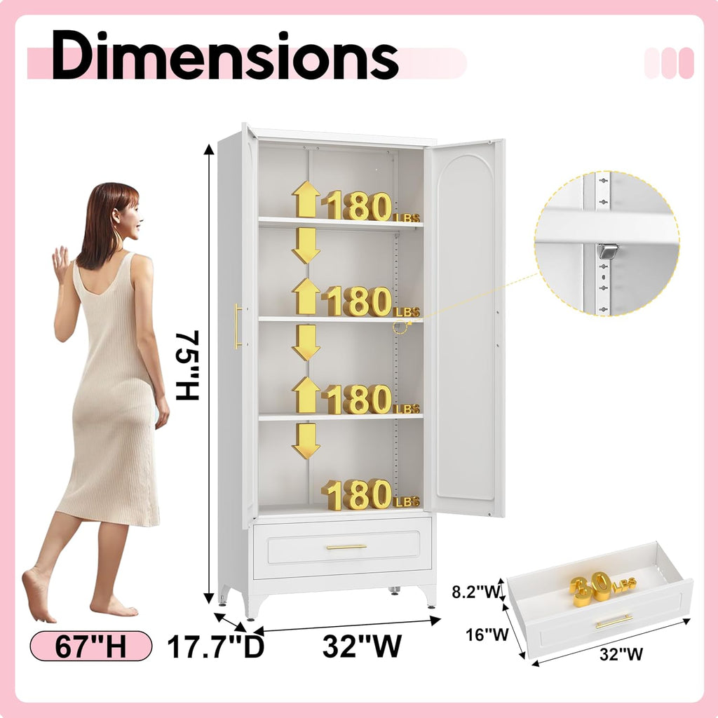 UNICOLY Pantry Kitchen Cabinet with Drawer, 75" Tall Pantry Storage Cabinet | , Metal Storage Cabinets with Doors and Shelves, Large Freestanding Cupboard for Dining Room, Assembly Required, White