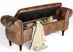 ZZW Storage Ottoman Bench, 51" Length Upholstered End of Bed Storage Bench for Bedroom with Safety Hinge, Tufted Bed Benches with Rolled Arm and Nailhead Trim for Living Room, Entryway Brown