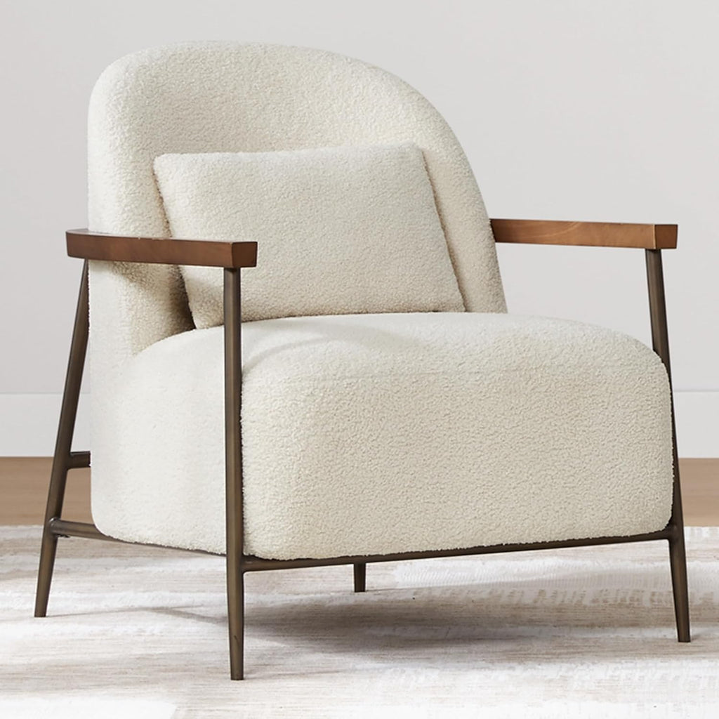 CHITA Accent Chair Set of 2, Sherpa Armchair with Wooden Armrest, Ivory