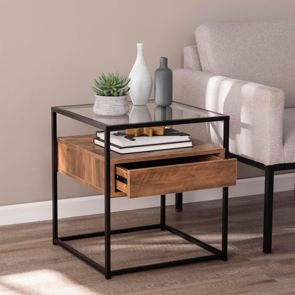 HomeStock Glass Top End Table with Drawer & Shelf - Industrial Accent Table - 20" Square