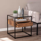 HomeStock Glass Top End Table with Drawer & Shelf - Industrial Accent Table - 20" Square