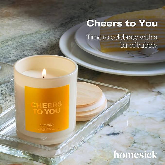 Homesick Scented Candles for Home (Cheers to You) - 7.5 oz Long-Lasting Natural Soy Wax Blend Jar Candle Gift for Women & Men for All Occasions, 30-35 Hours Burn Time - Notes of Citrus & Peony