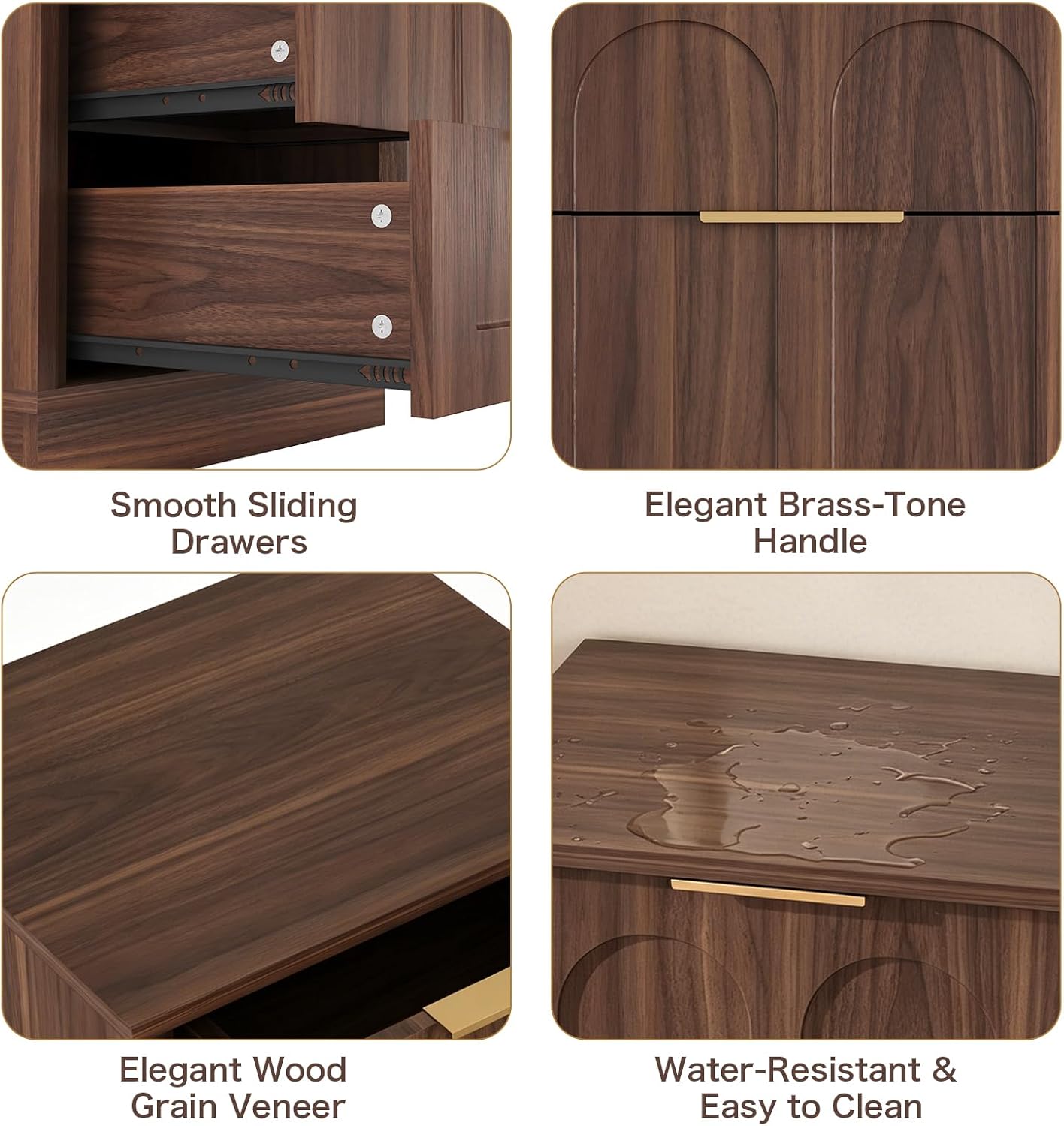Nightstands Set of 2, Mid Century Modern 3 Drawer Bedside Tables with Arched Fronts and Gold Handles, Walnut End Tables for Bedroom, Living Room, Small Spaces，Walnut